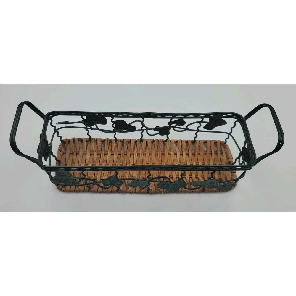 Ivy Leaf Metal Basket With Wicker Bottom Rectangular Centerpiece Fruit Basket